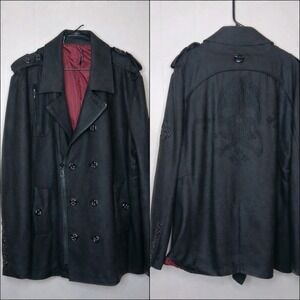 Affliction Coat Mens 2X Black Premium Skull Double Breasted Wool Grunge Goth